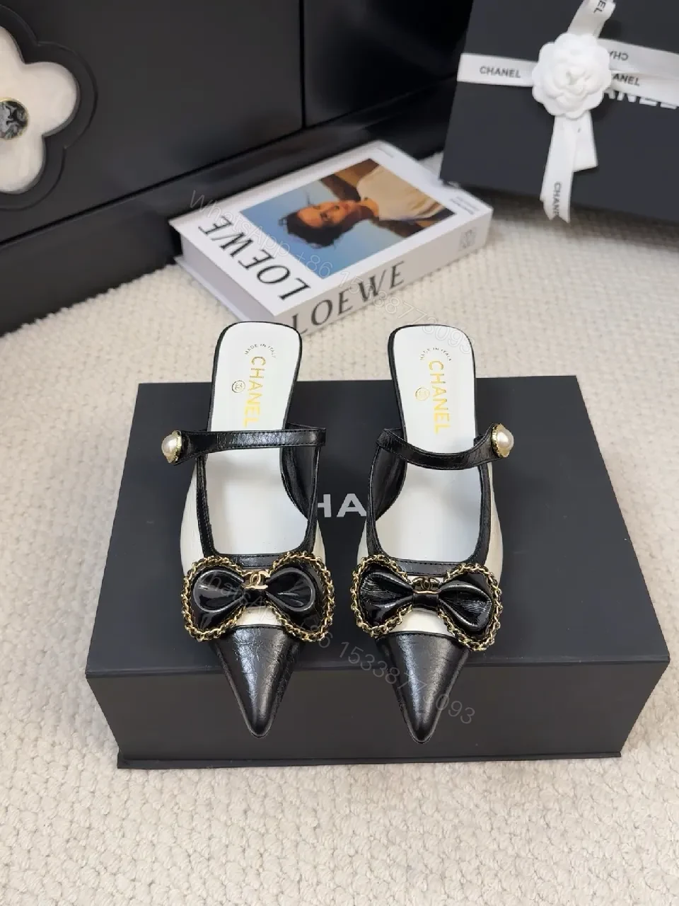 View 7 of Chic Ivory-Black Pearl-Trim Bow Pointed-Toe Mules