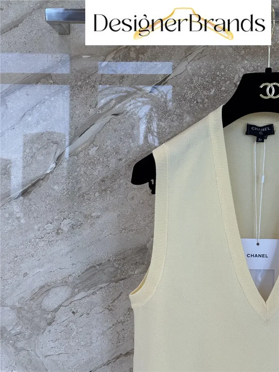 View 3 of Beige Wool Blend Vest V-Neck Modern Chanel Style Shirt