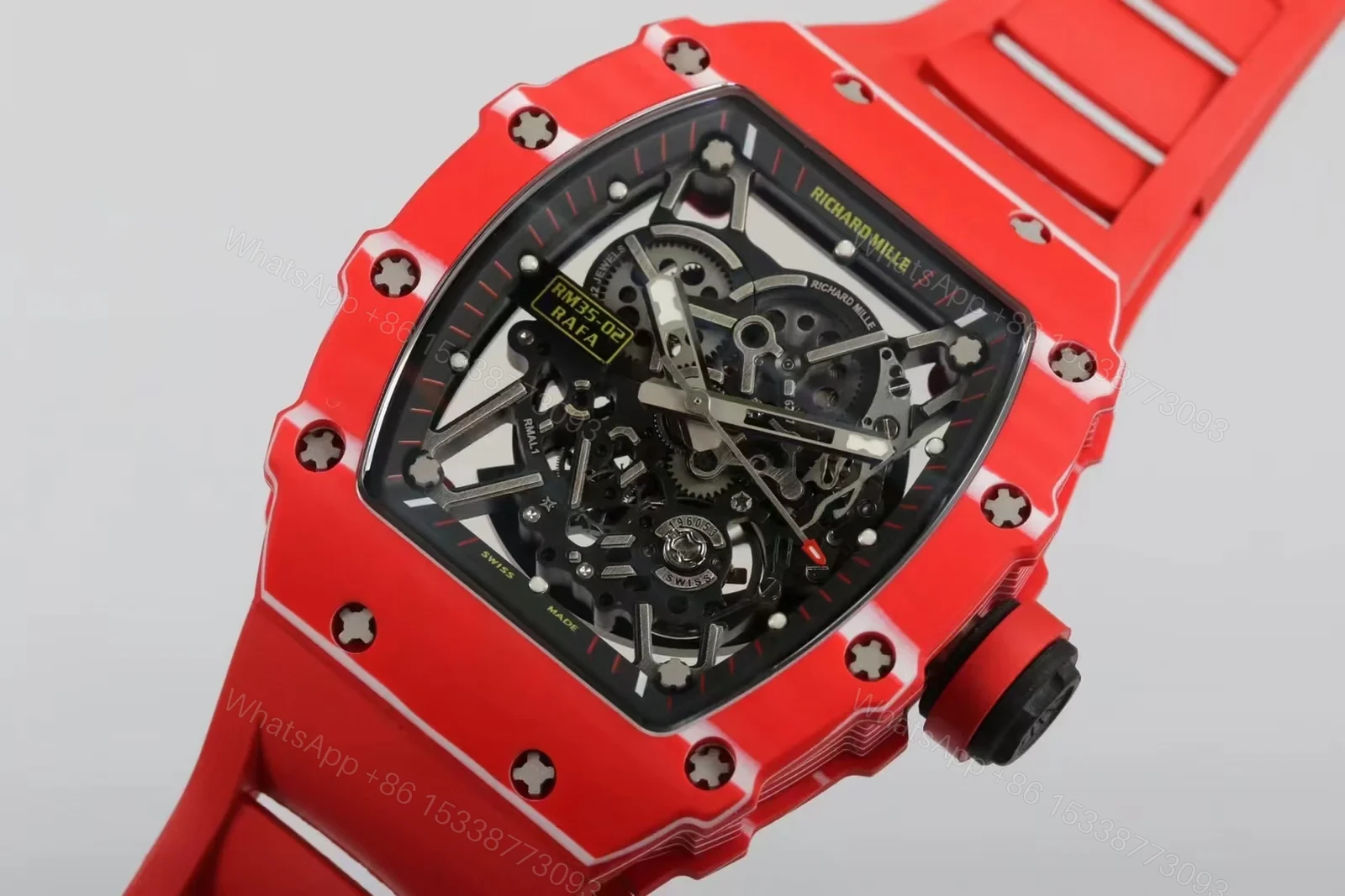 View 5 of Richard Mille RM35-02 Automatic Skeleton Watch Red Carbon Fiber Case Red Strap RMAL1 Movement White Gemstone Shock Absorber Premium Edition RM-RM35-02-RED-RED-SKL