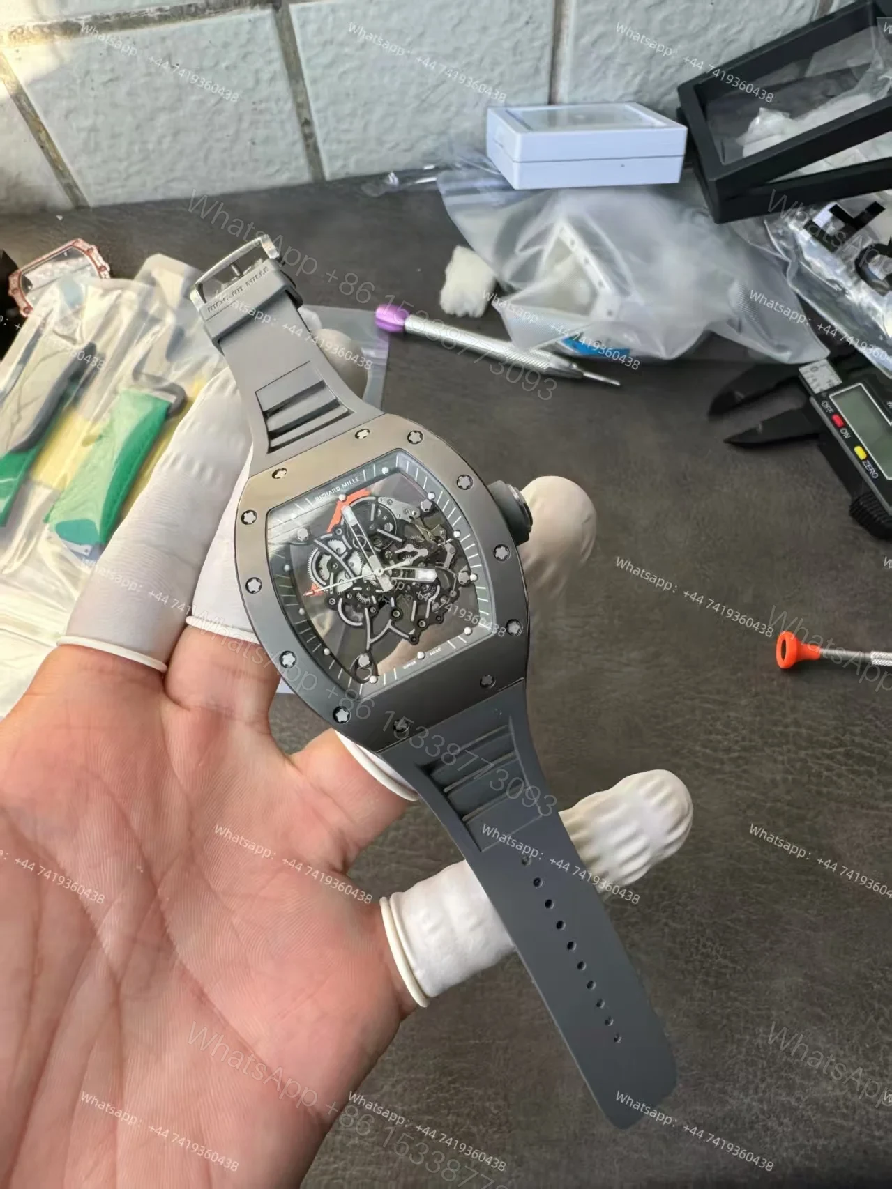 View 16 of Richard Mille RM 055 Grey Ceramic Vaucher Free-Sprung Grey Rubber Strap Custom Super Clone