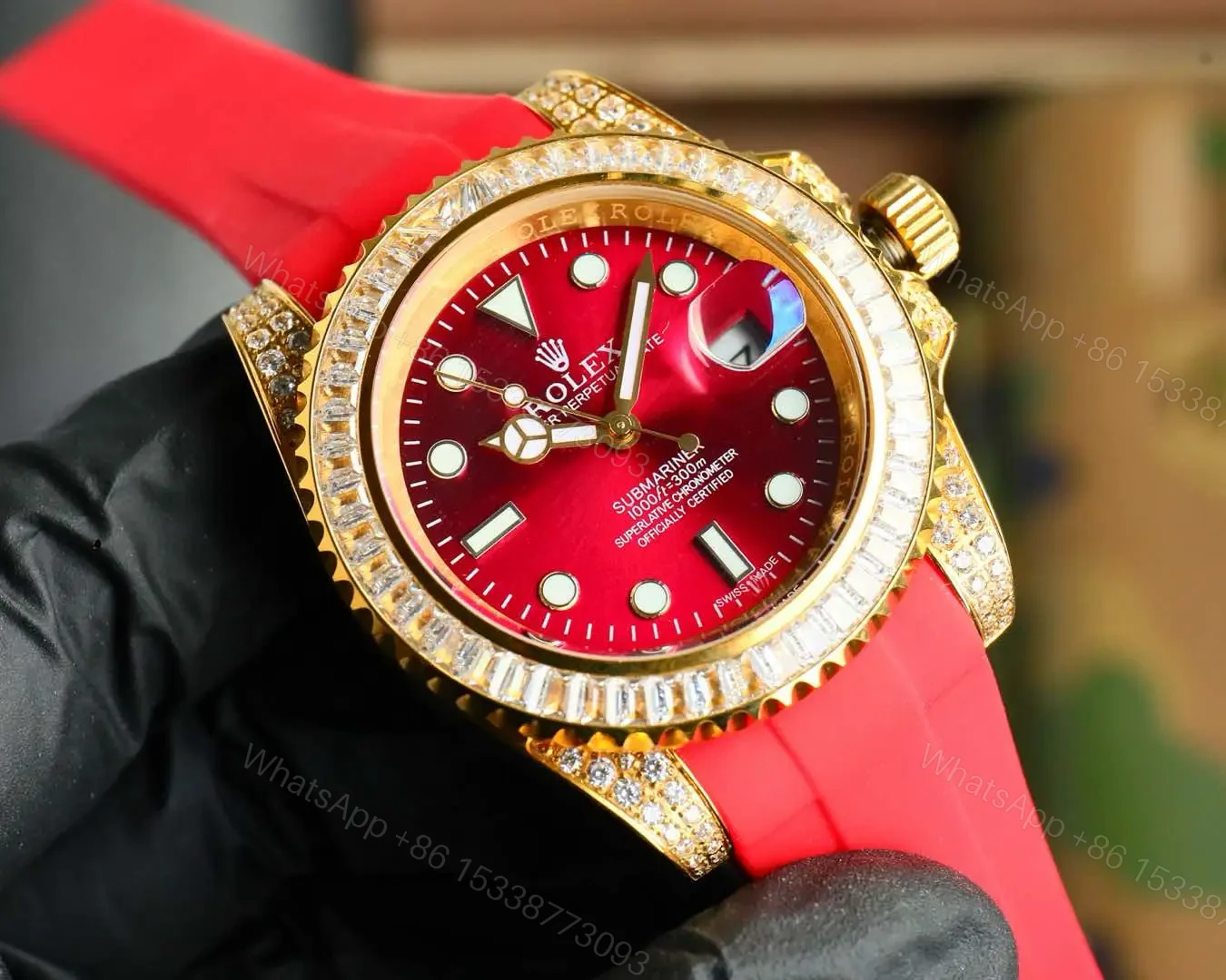 View 2 of Fake Rolex Submariner Red Diamond Dial 3CT Bezel 16610-ICE-0001