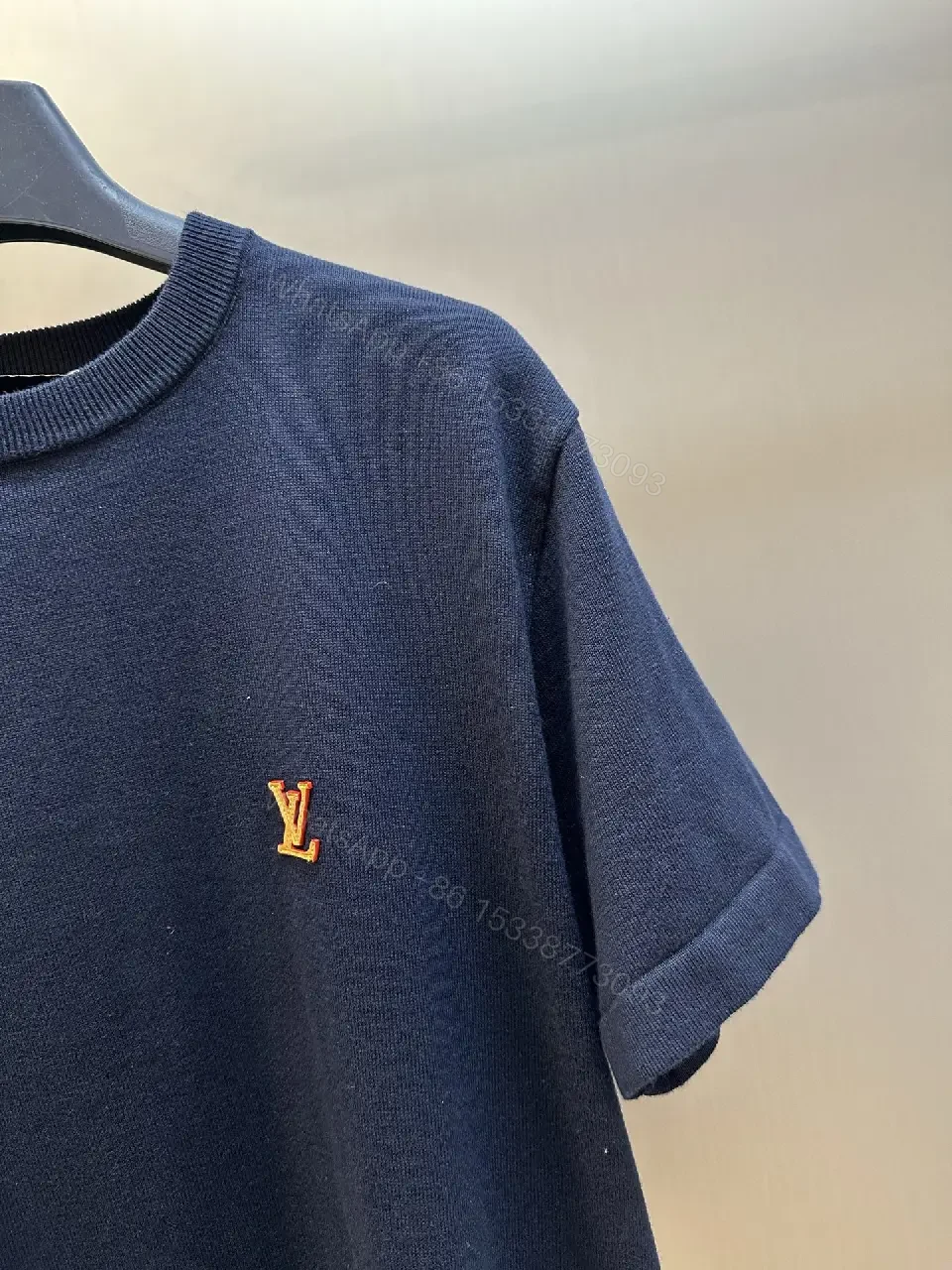 View 11 of Navy Knit Tee Short-Sleeve Rib Crew, Gold LV Logo