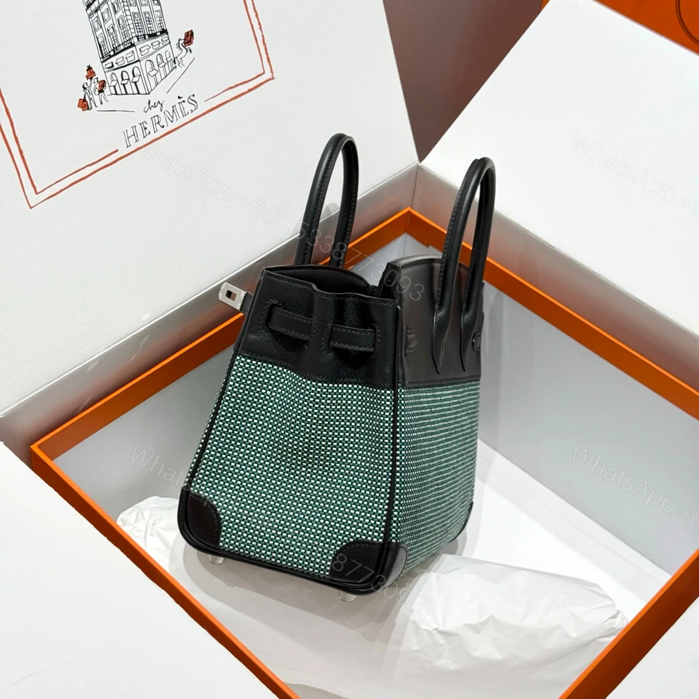 View 3 of HERMES BIRKIN 25CM IN BLACK SWIFT BLACK/MINT/BLANC TOILE CANVAS (CUSTOM-MADE)