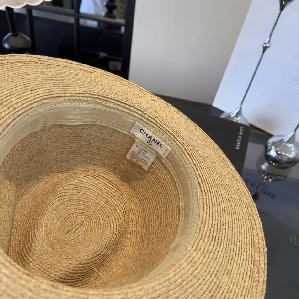View 5 of Light Beige Straw Fedora-Boater Hat with Ribbon CHANEL Logo