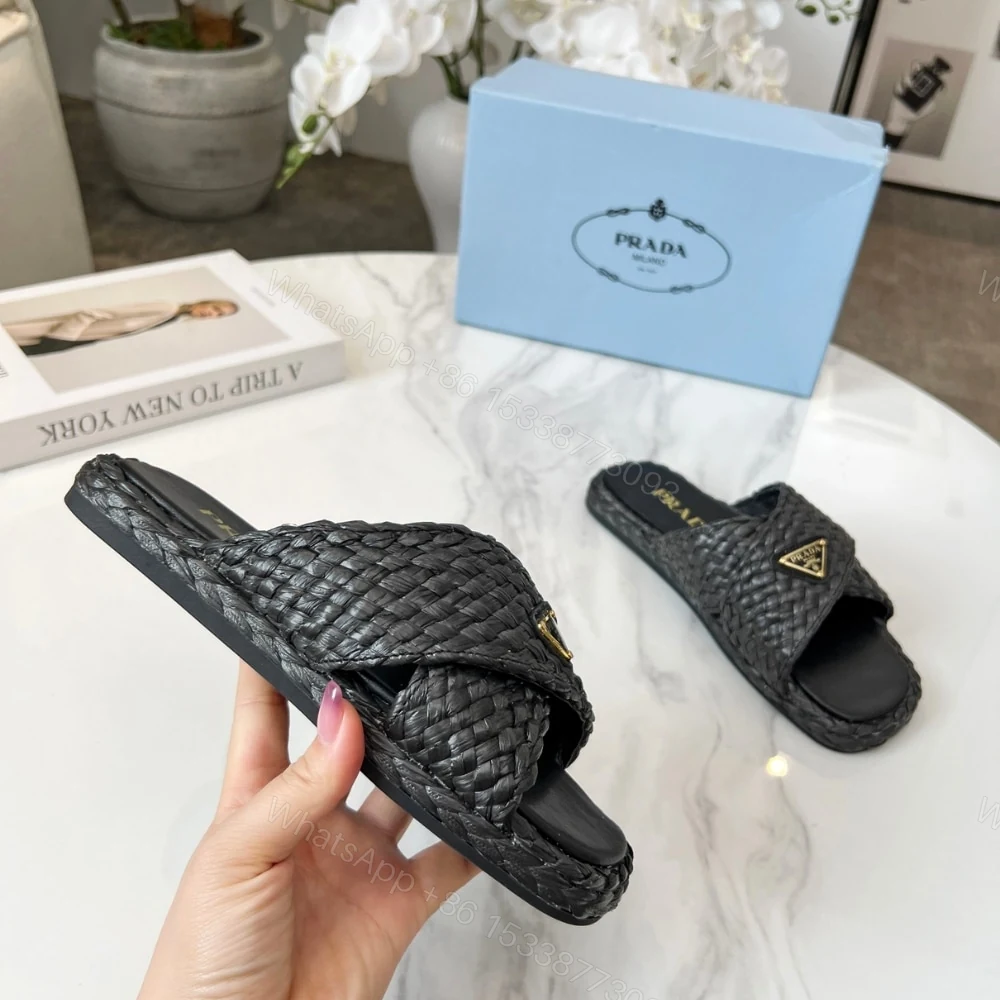 View 4 of PRADA RAFFIA CRISSCROSS SLIDES BLACK 1XX750 027 F0002 F 020
