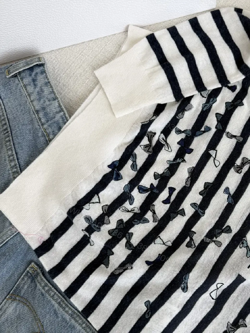 View 8 of Cream Knit Sweater Navy Stripes, Embroidered Bows, Ribbed Crewneck