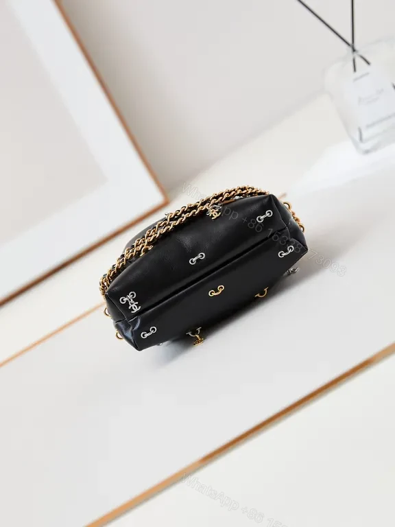 View 7 of Chanel-Inspired Mini Leather Drawstring Bag with Chain Detail