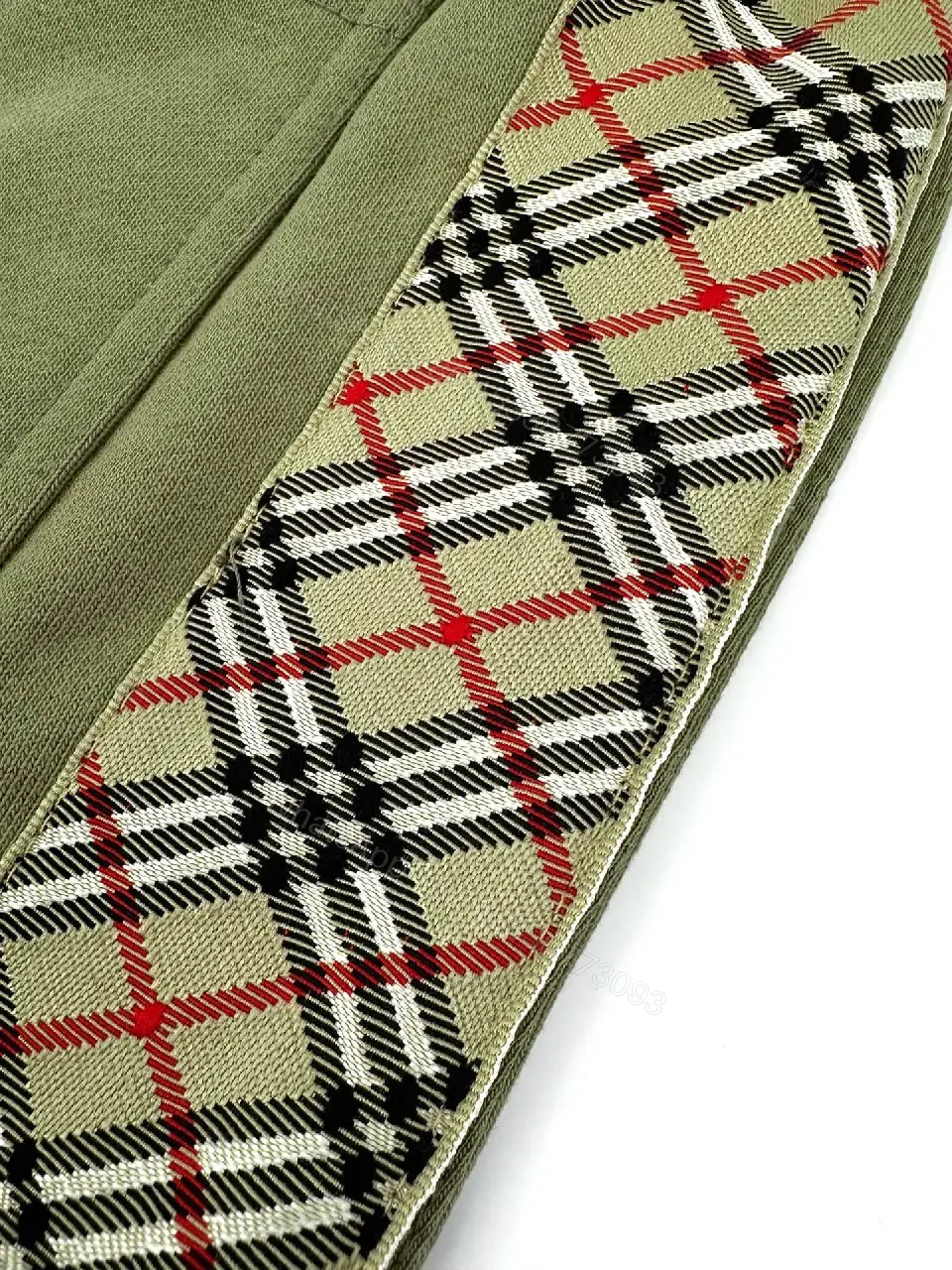 View 6 of Olive Cotton Drawstring Shorts with Plaid Side Stripes