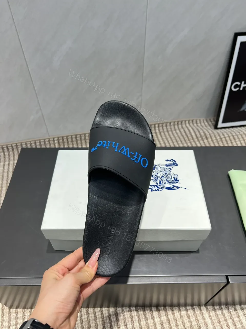 View 5 of Black Synthetic Slides | EVA Comfort | Minimal Luxe Edge + Blue Logo