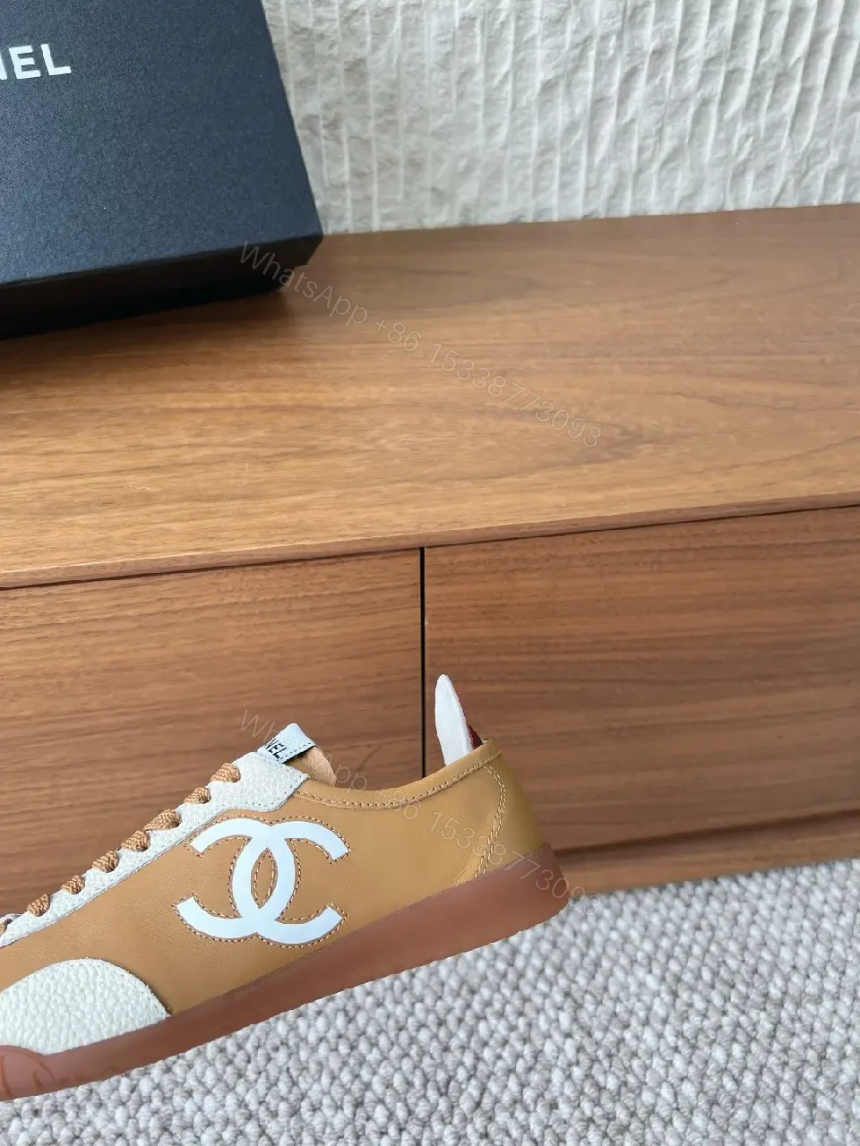 View 8 of Brown Leather High-Top Sneaker with Contrast Texture and Logo