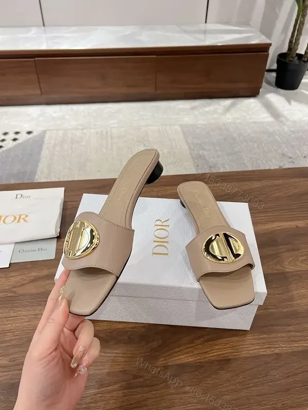 Beige Leather Slide Sandals with Gold Logo Buckle, Dior Style — view 1