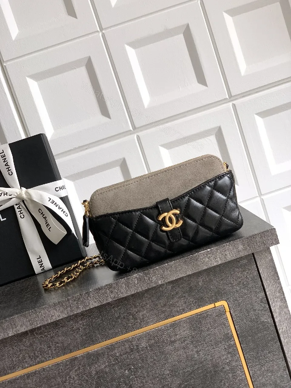 Quilted Leather Shoulder Bag: Gold Emblem, Two-Tone — view 1