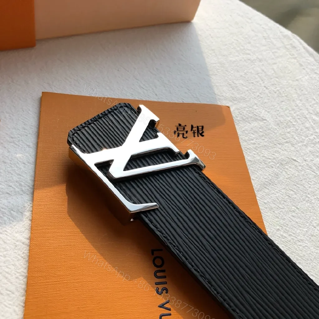 View 9 of Black Leather Belt with Signature LV-Style Buckle - Luxury Casual Belt