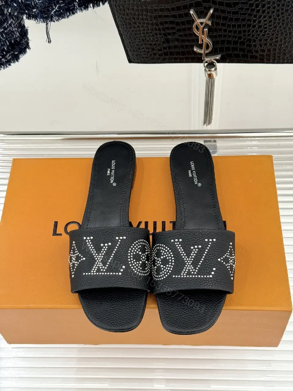 View 2 of Chic Leather Slide with Crystal Monogram Comfort Slips