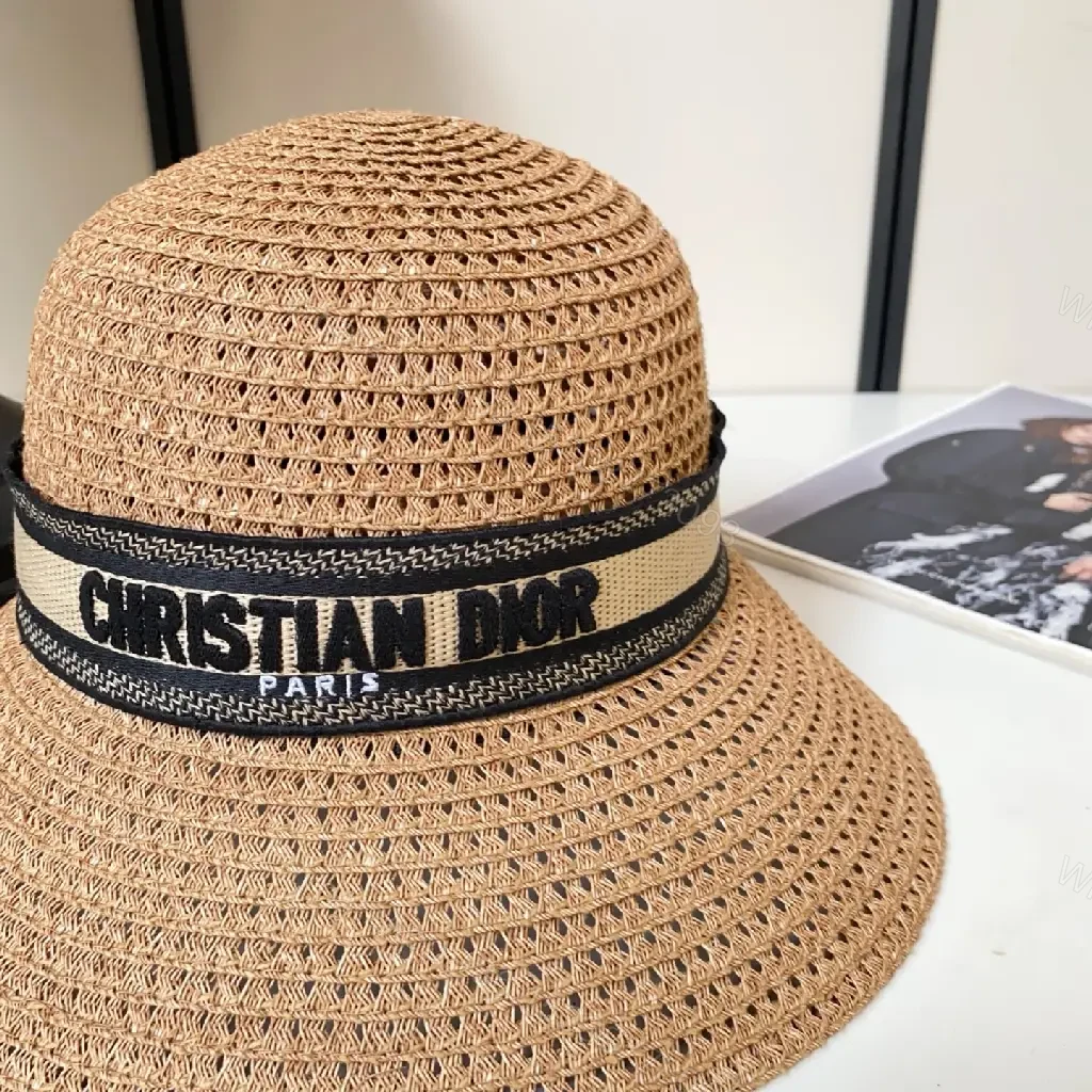 View 8 of Natural Tan Straw Hat • Crochet Lattice Texture • Boater Style • Wide Brim Sun Hat with Dior Band • Product Type: Hat