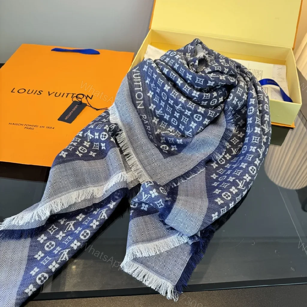 View 4 of Navy Monogram Scarf with Fringed Edge – Luxe Knit Wrap