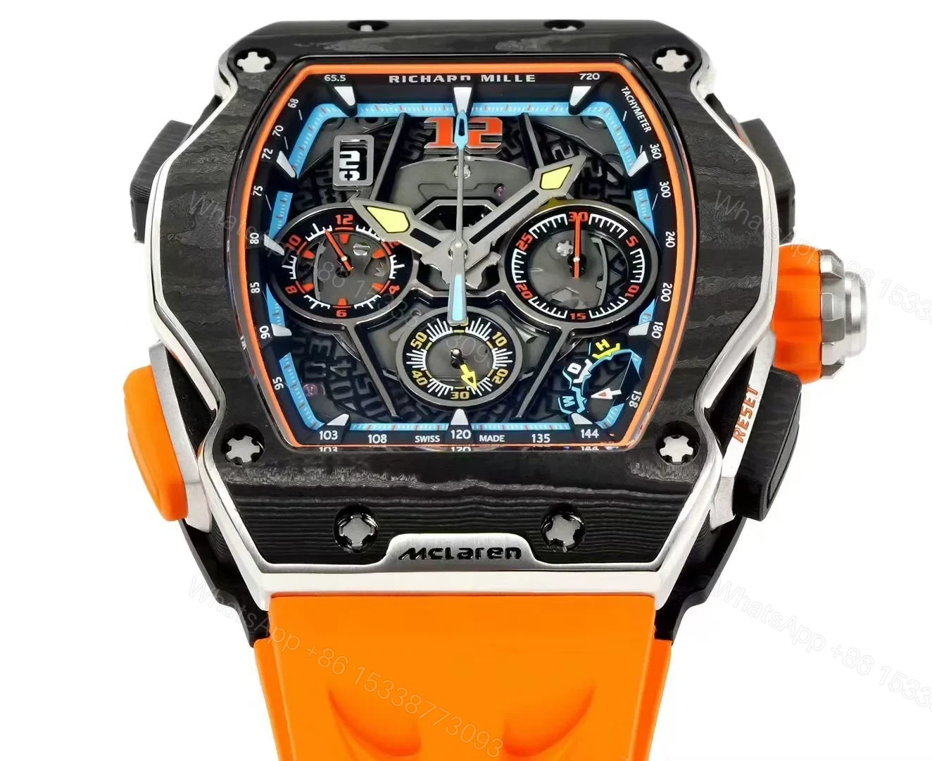 View 4 of Richard Mille RM65-01 McLaren W1 Automatic Chronograph Watch Orange Strap Carbon TPT Titanium Skeleton Dial RMAC4 Movement Premium Edition RM65-01-MCL-W1-ORG