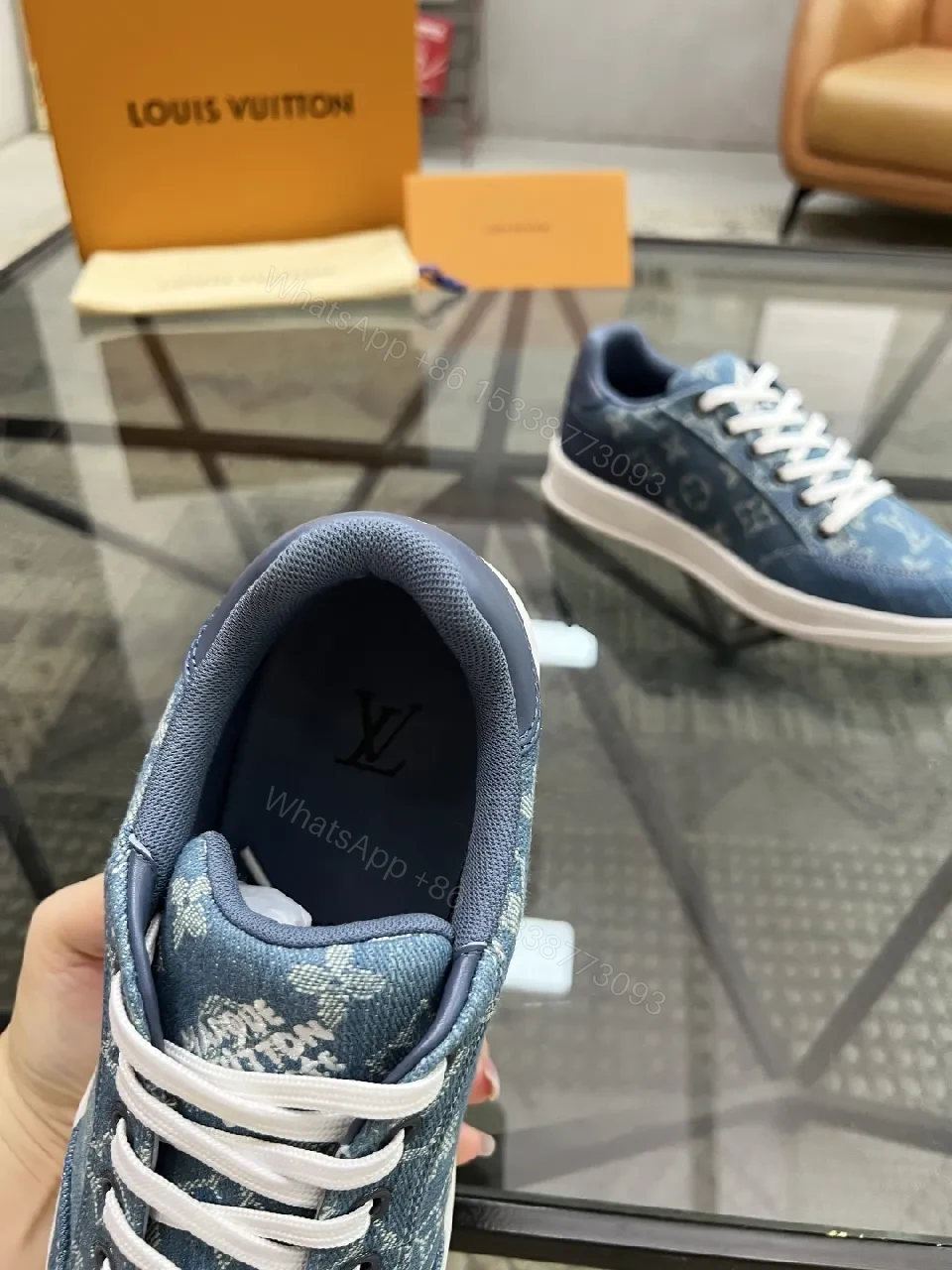 View 8 of Denim-Textured Luxury Sneakers with Monogram Embroidery