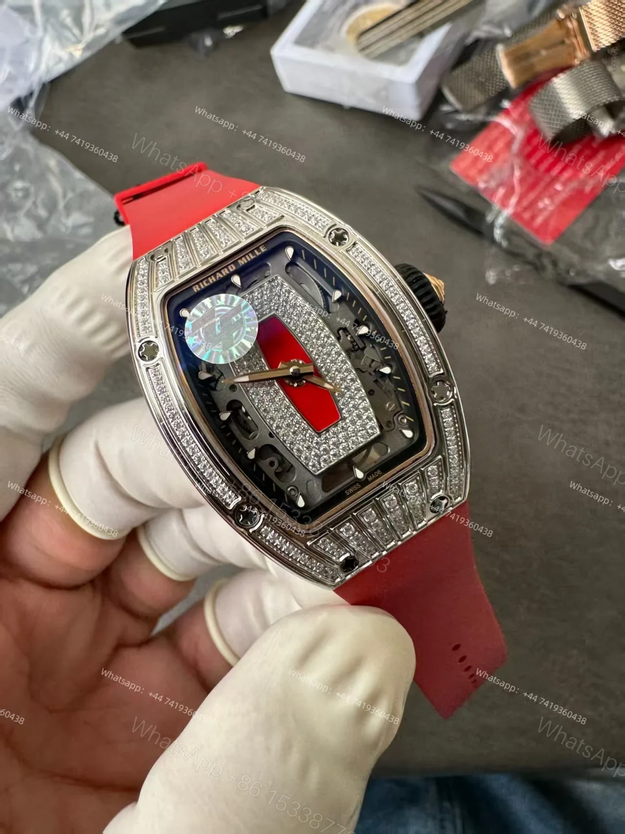 View 6 of Super Clone Richard Mille RM 07 Full Diamond 1:1 Replica Watch with Red Rubber Strap
