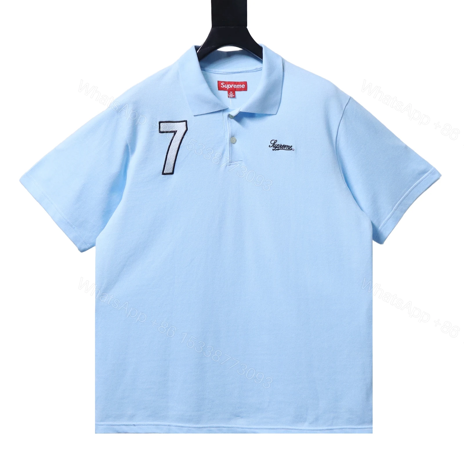 Supreme 25SS No.7 Script Embroidered Short-Sleeve Polo Shirt Blue — view 2