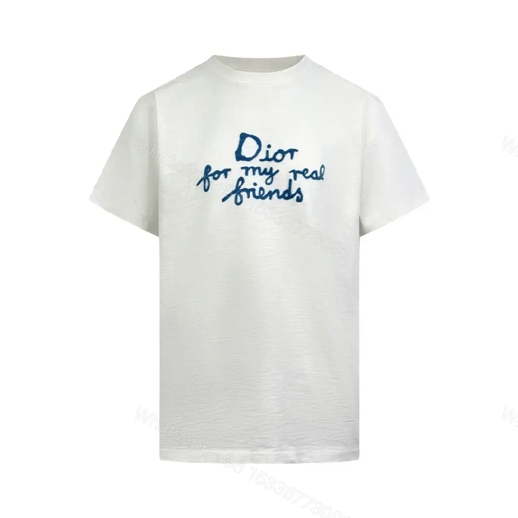 View 4 of White Cotton Tee - Handwritten Blue Dior Print, Relaxed Fit, Easy Luxury