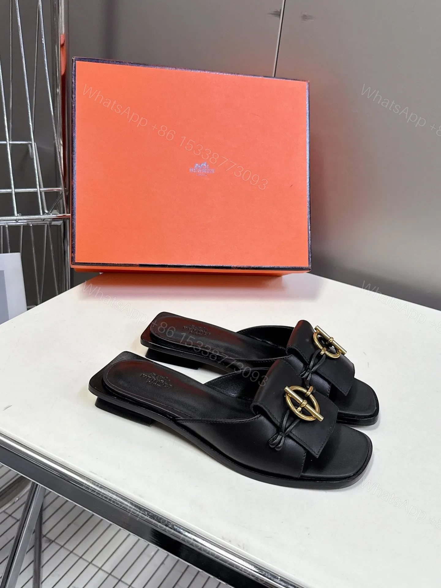 View 4 of Hermes Women Black Leather Slippers