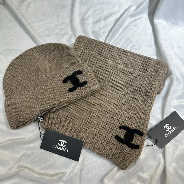 Taupe Luxury Knit Set: Chanel-Accent Beanie & Scarf — view 1