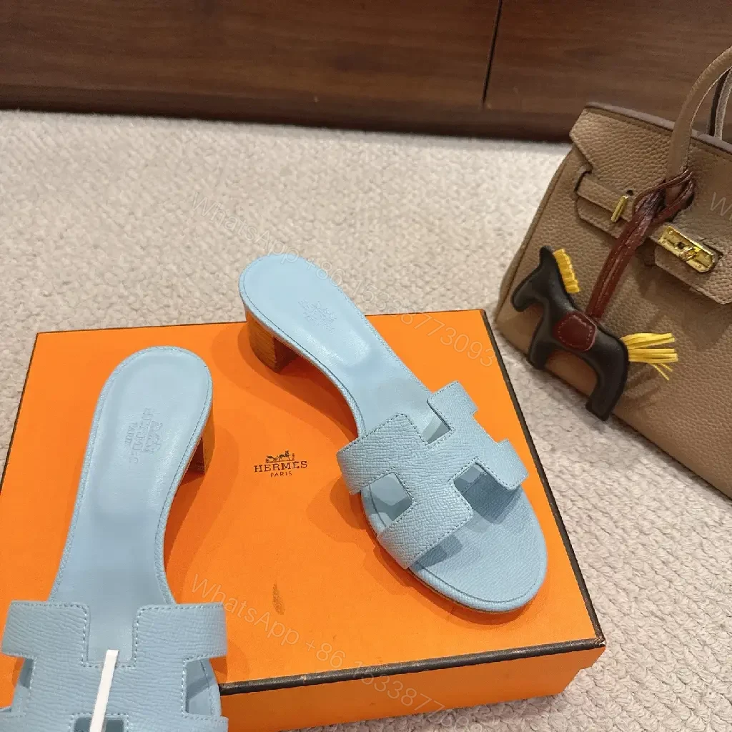 View 6 of Blue Leather Sandals Classic Hermes-Style Open-Toe Sliders
