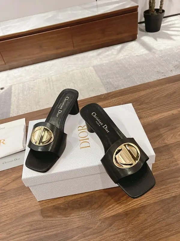 Black Leather Sandals with Gold Logo Buckle, Dior Style, Slide Sandals — view 1