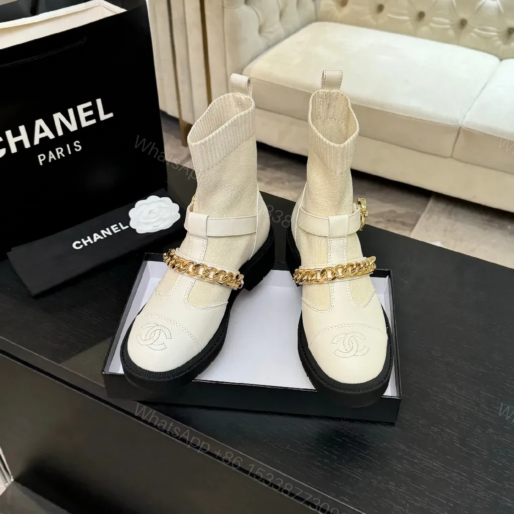 Knit Chelsea Boots: Texture + Leather Toe, Gold Chain, All-Day Comfort — view 1