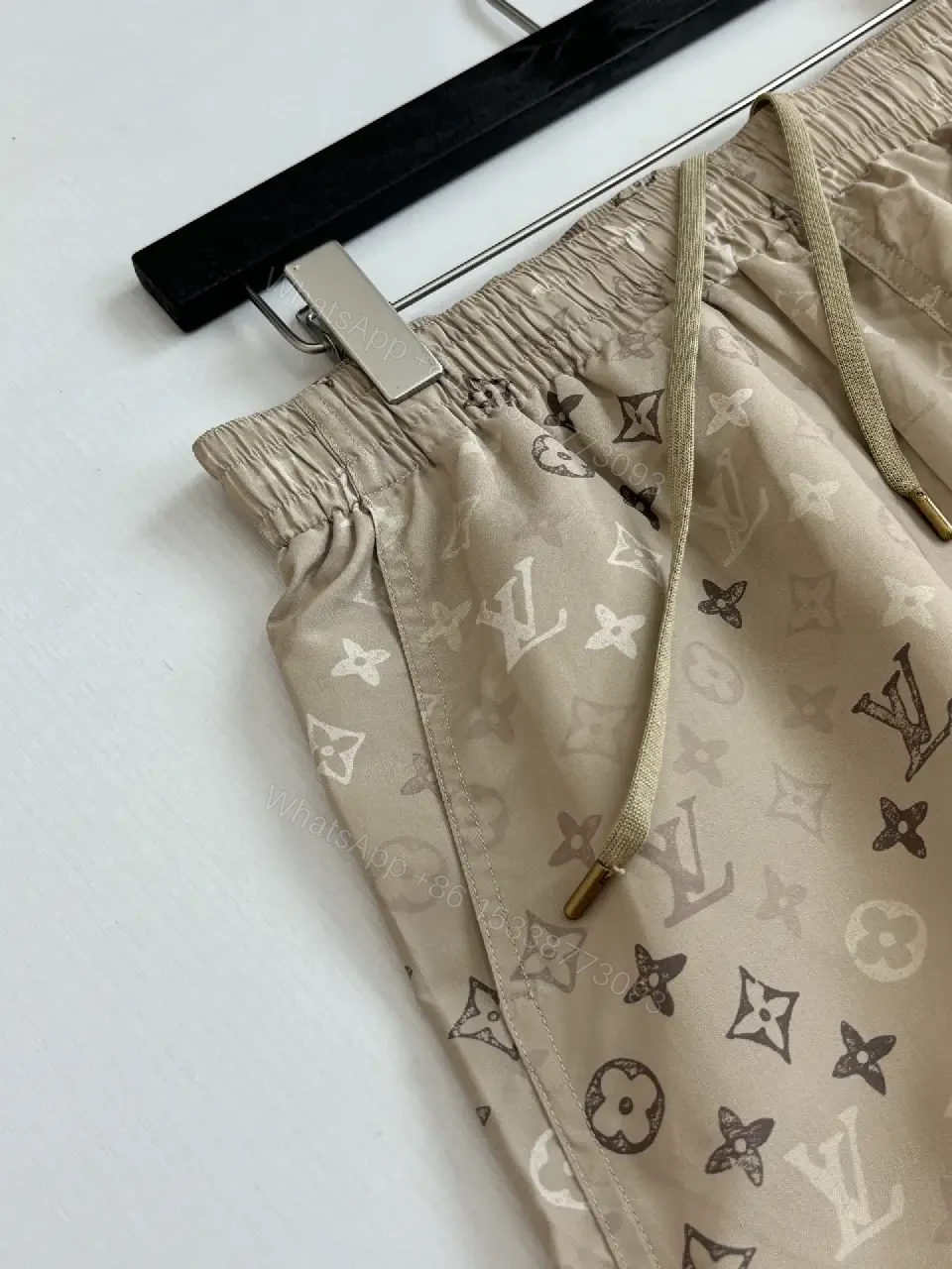 View 3 of Beige LV Monogram Print Linen Shorts Casual Comfort Jogger shorts