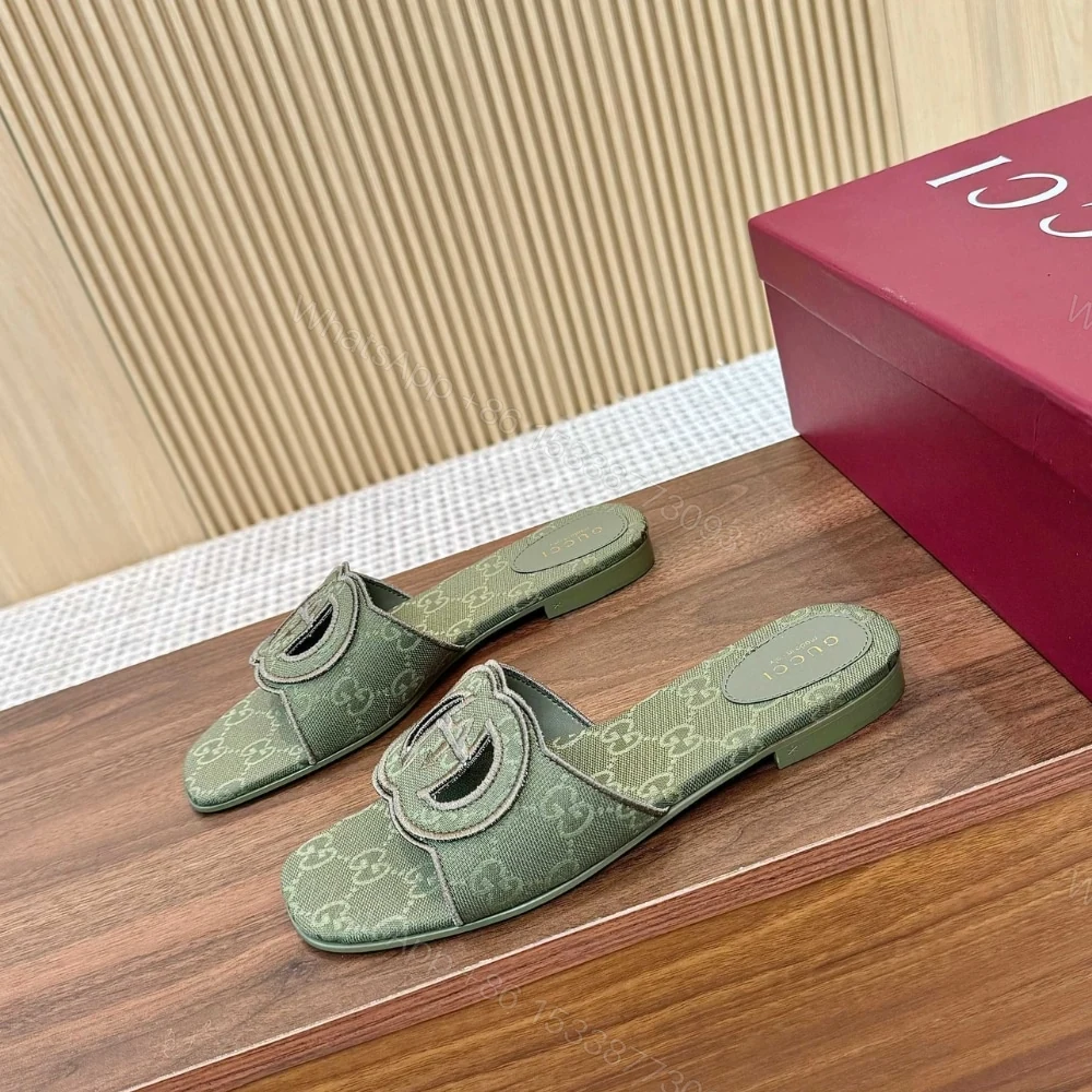 View 6 of GUCCI WOMEN SLIDE SANDAL WITH INTERLOCKING G GREEN GG CANVAS‎ ‎790447 9SF00 3005