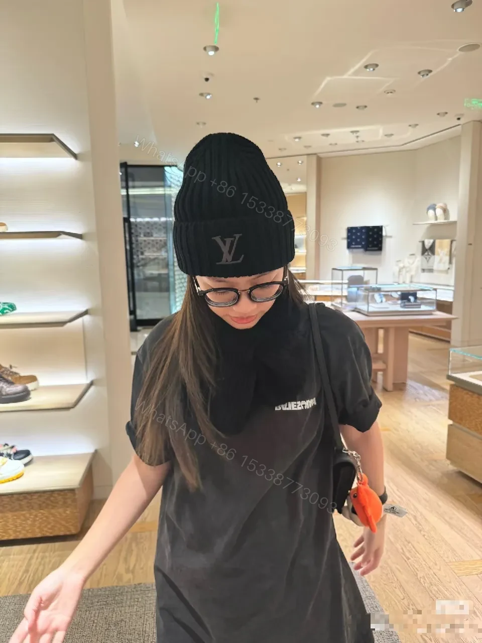 View 6 of Chunky Knit Beanie with LV Logo - Textured Luxury Winter Cap