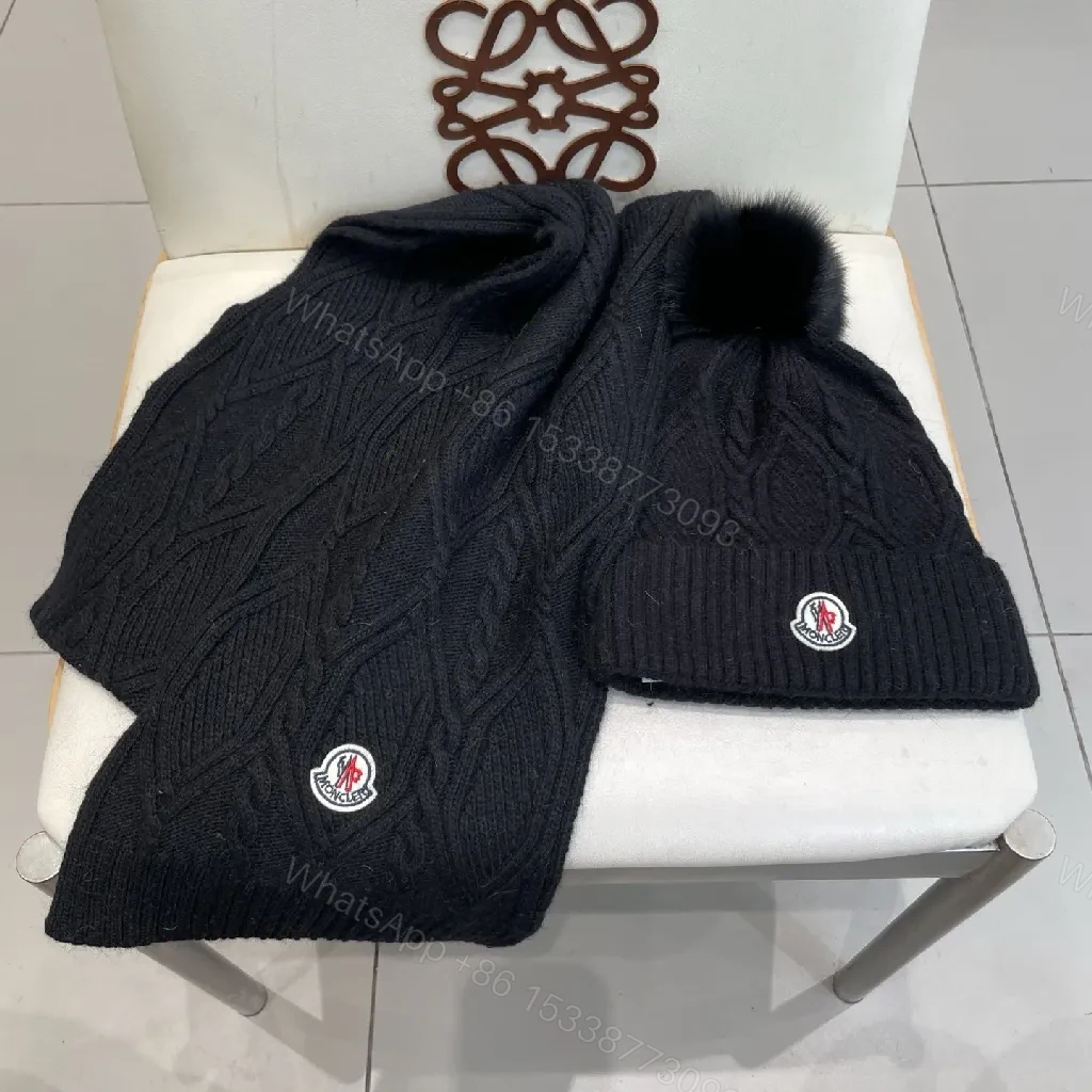 View 7 of Deep Black Knit Scarf & Beanie Set: Cable Knit, Cozy Warmth