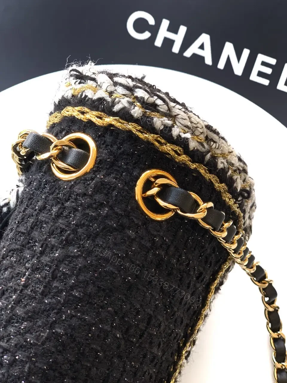 View 7 of Black Bouclé Mini Flap Bag with Chain Accents, Day-to-Evening