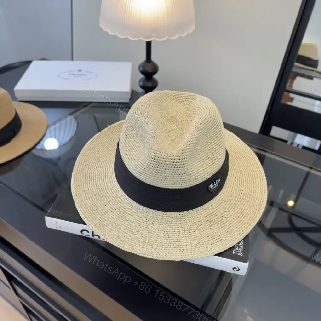 View 10 of Natural Beige Straw Panama Hat with Black Prada Band