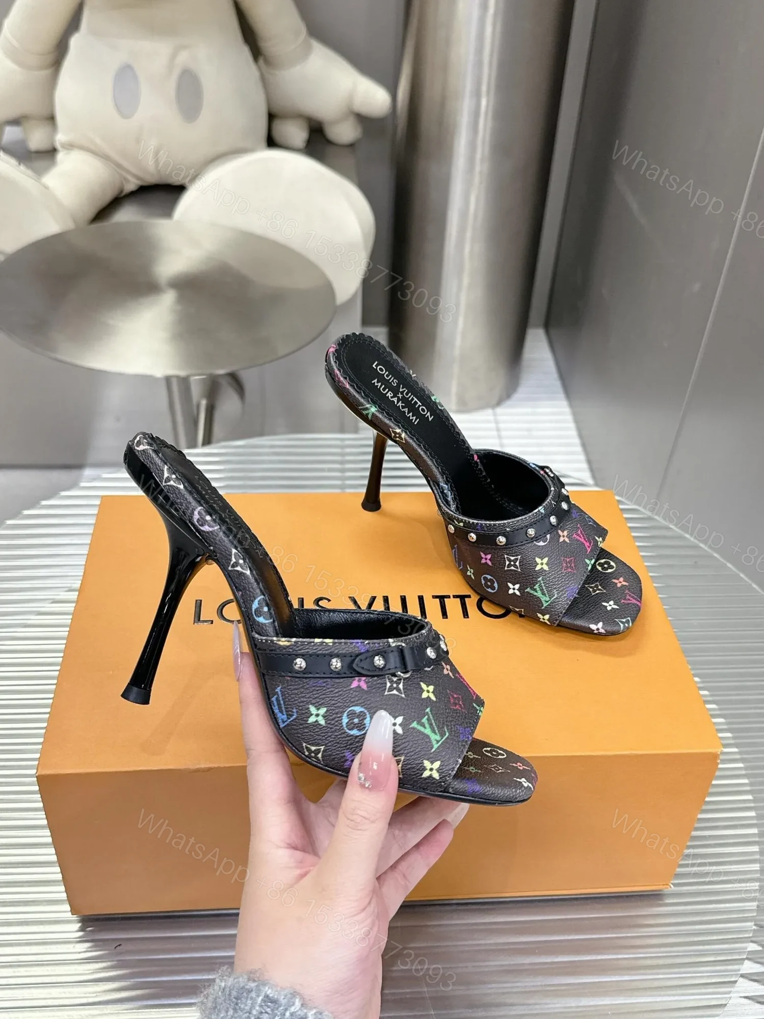 View 6 of LV Women Black Leather Multicolor Logo Mules