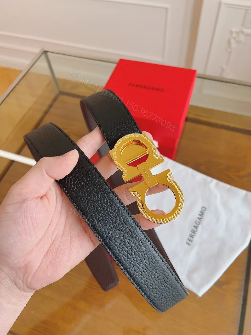 View 8 of Black Leather Belt with Gold Gancini Clasp, Luxe Classic Style, Adjustable