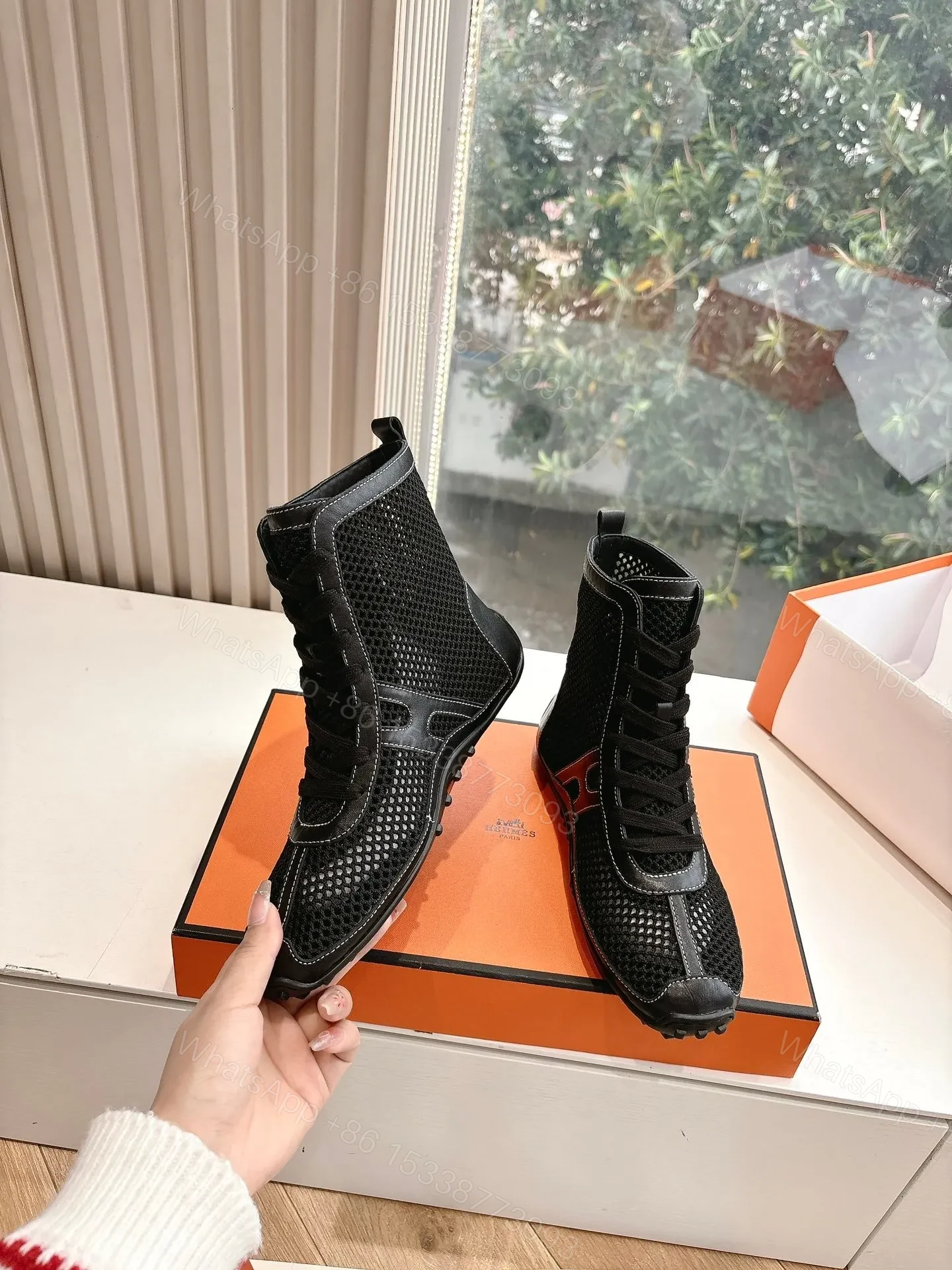 View 6 of Hermes Women Black Mesh And Leather Boots