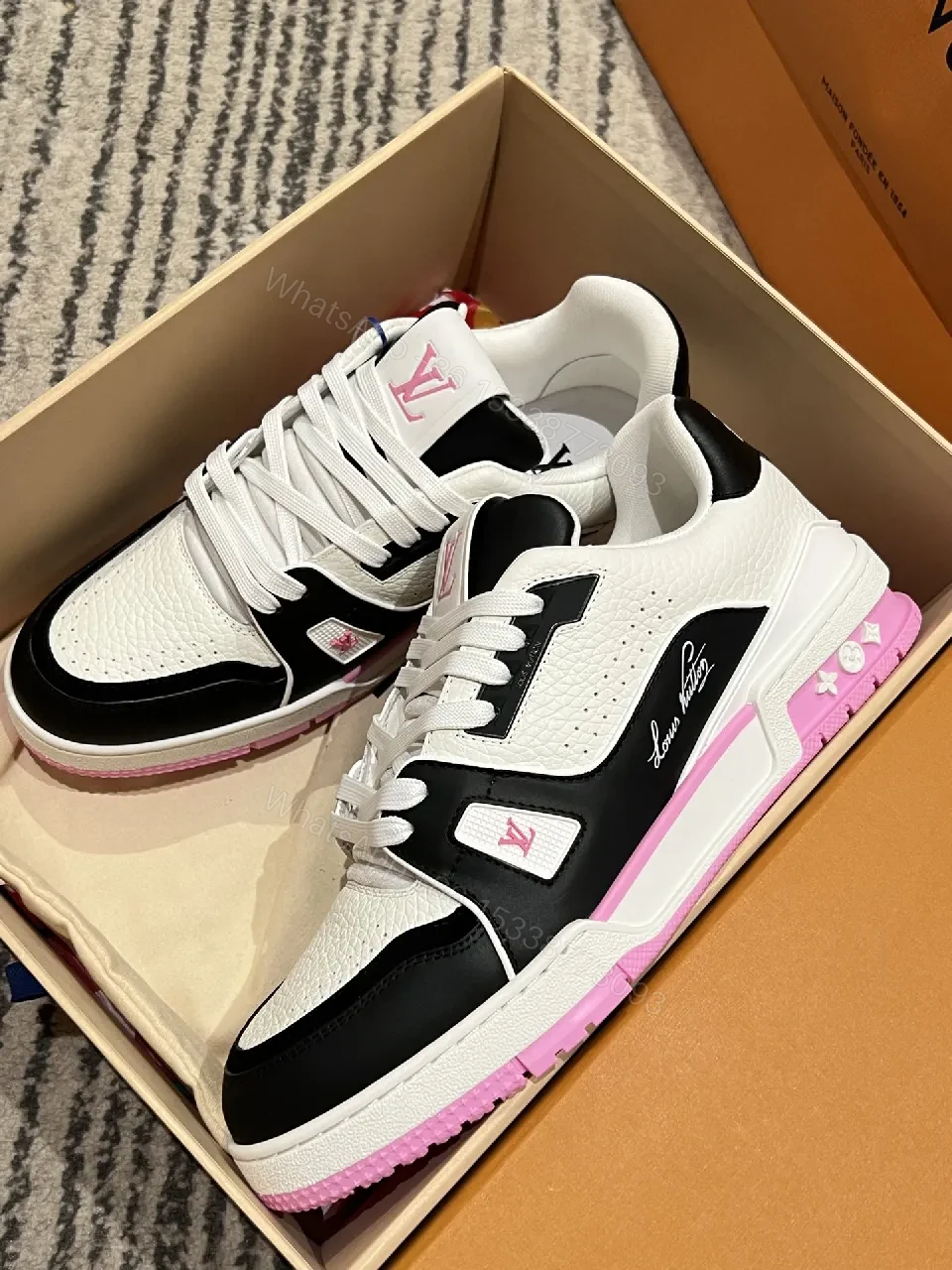 View 3 of Two-Tone Luxe Sneaker: Leather, Pink Accents, Cushioned Sole