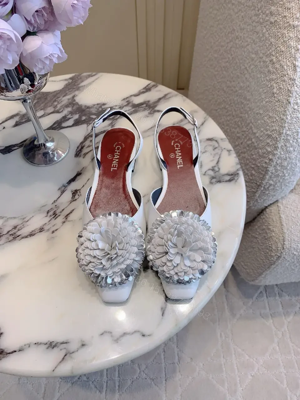 View 10 of White Floral Slingback Pumps - Couture Comfort, Pointed Toe, Block Heel