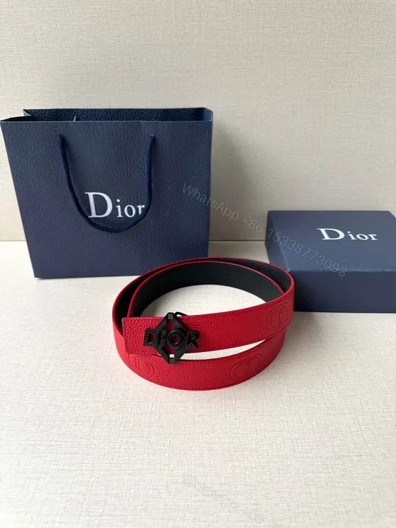 View 8 of Bold Red Leather Belt with Dior Logo Buckle - Statement Luxury Belt