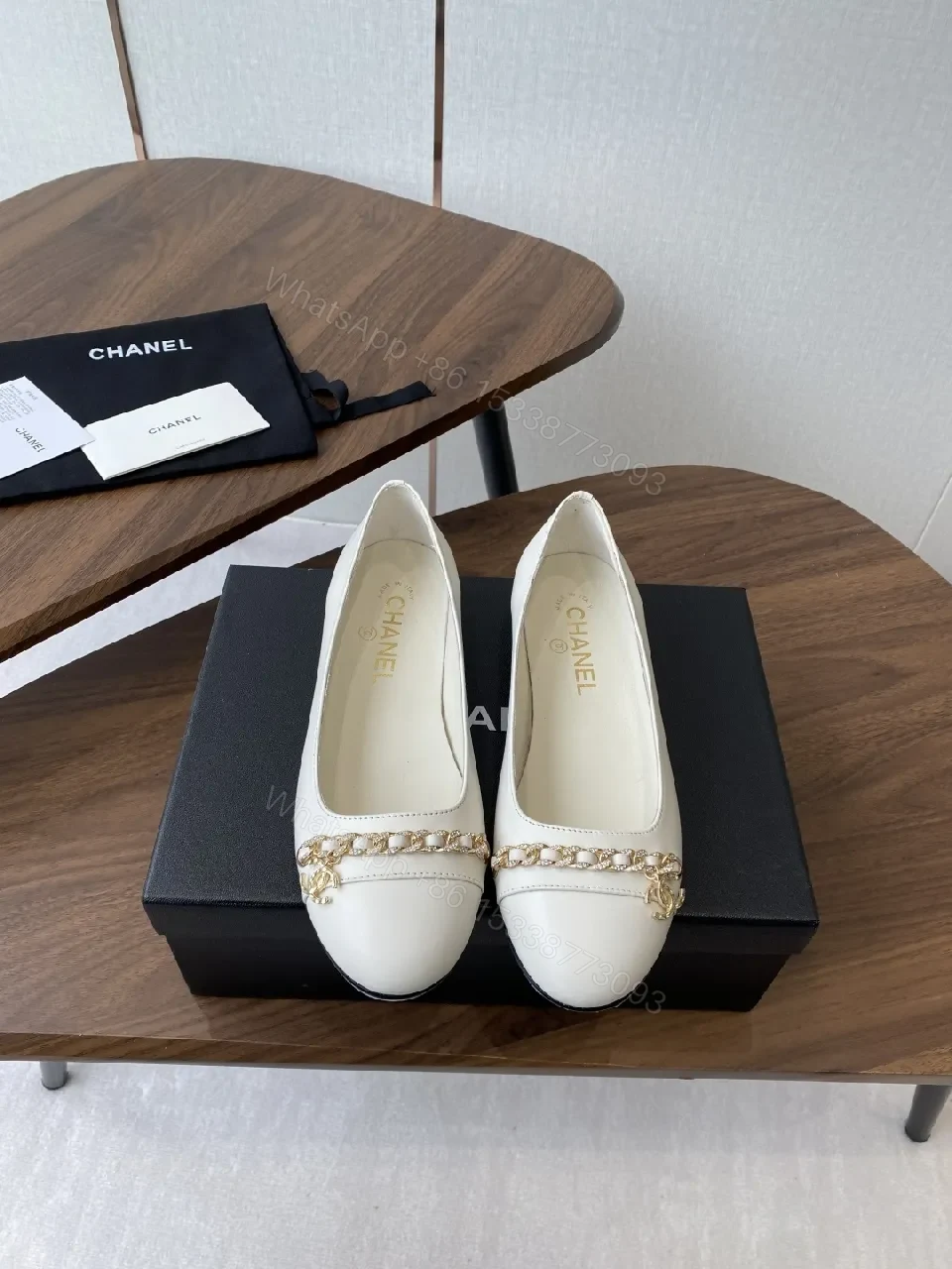 View 5 of White Leather Ballet Flats with Gold Chain Detail - Luxe Comfort