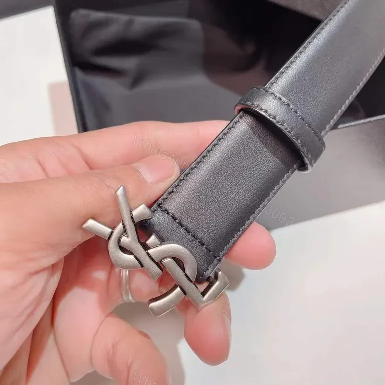 View 9 of Bold Black Leather Belt with Signature YSL Buckle