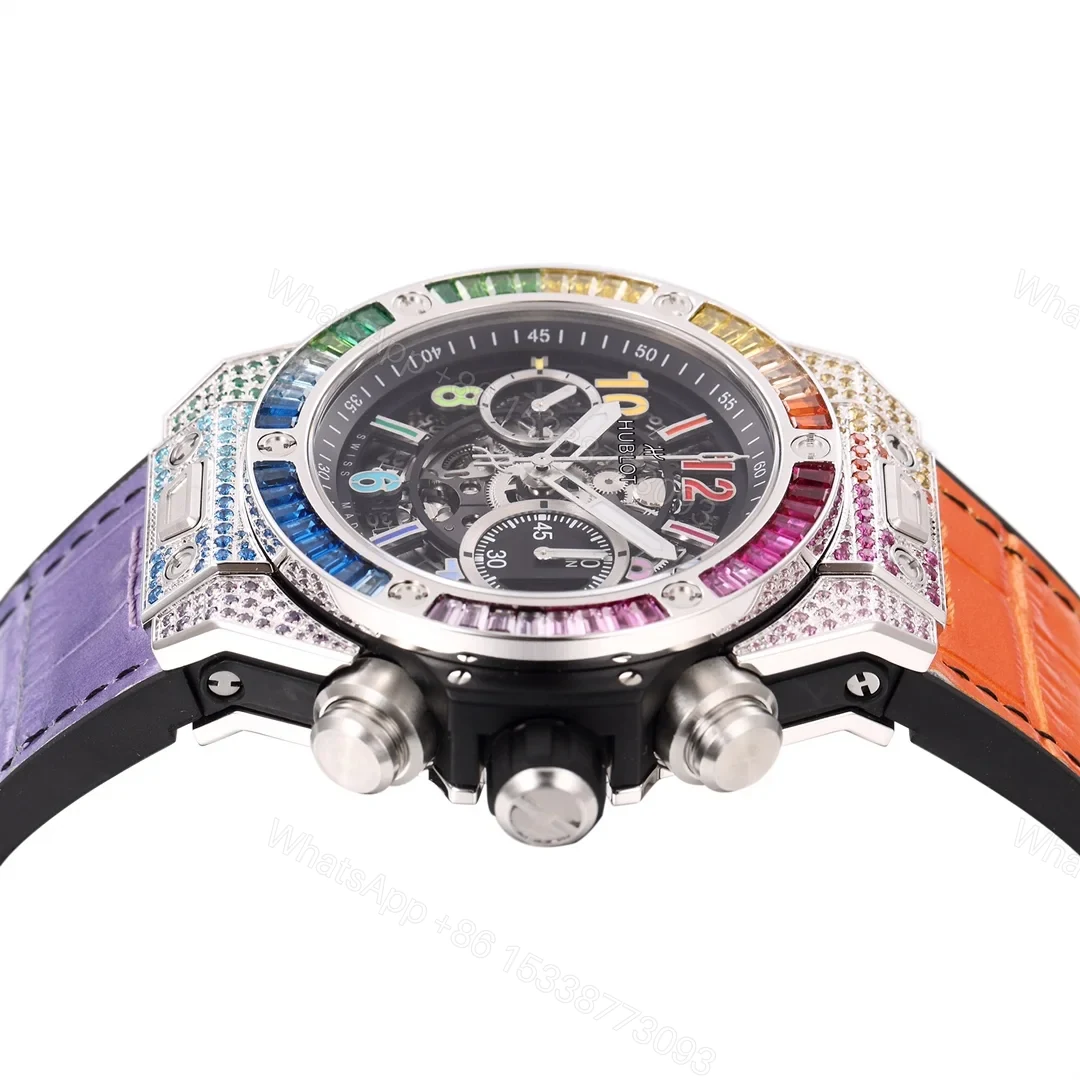 View 7 of Hublot Big Bang Rainbow Replica 45MM Premium Gem Bezel Orange Purple Leather Strap Edition RG-HUBLOT-RAINBOW-45