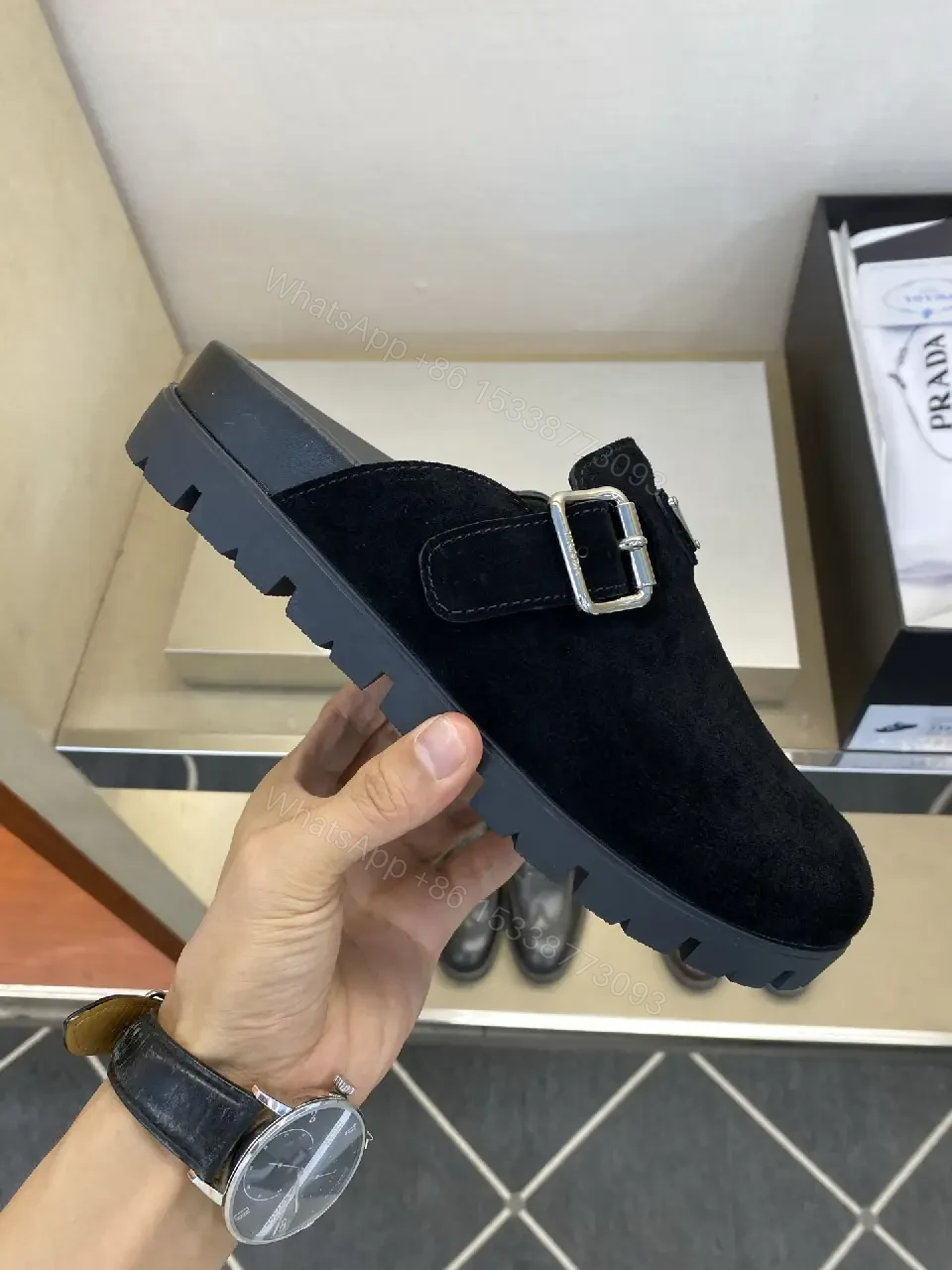 View 9 of Black Suede Prada Mule Slippers with Silver Buckle