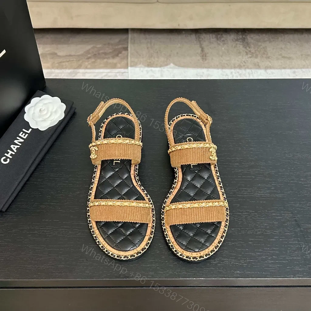 View 9 of Textured Sandals: Quilted Footbed, Gold Chain Detailing, Neutral Tan
