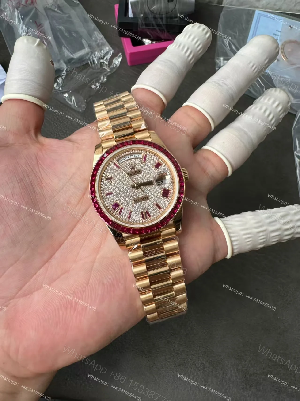 View 24 of Rolex Day-Date 228398TRU 1:1 Custom Edition Ruby & Moissanite Diamond Dial and Bezel 40MM 3255 Movement Super Clone Watch