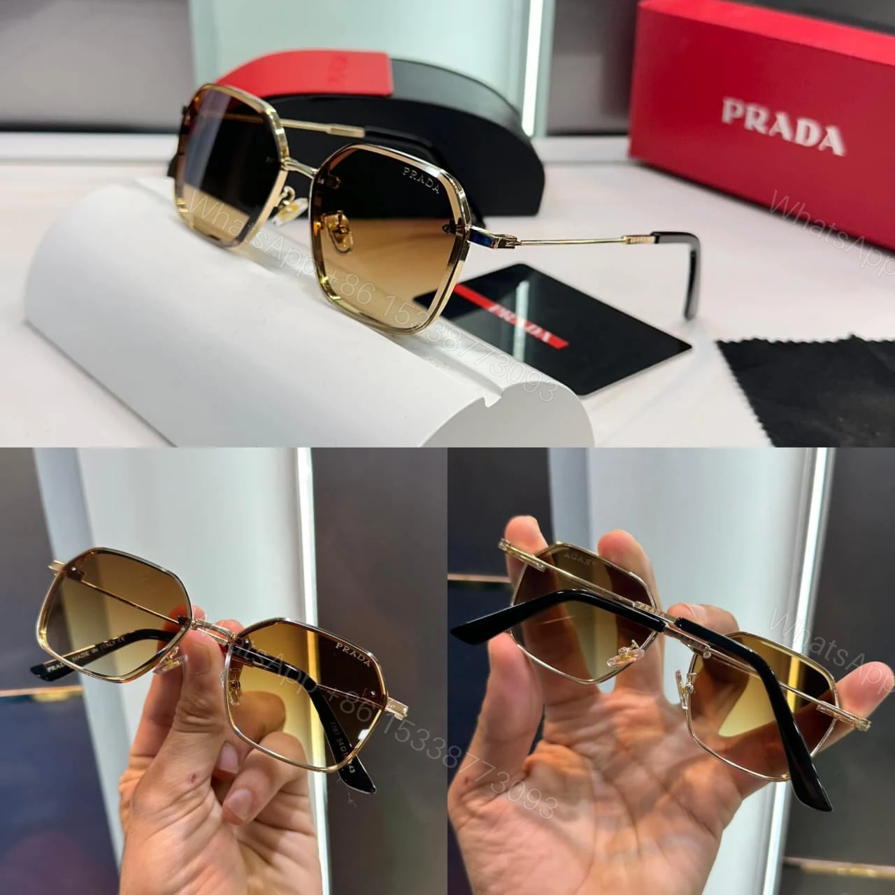 View 3 of Prada Geometric Brown Gradient Gold Frame Sunglasses