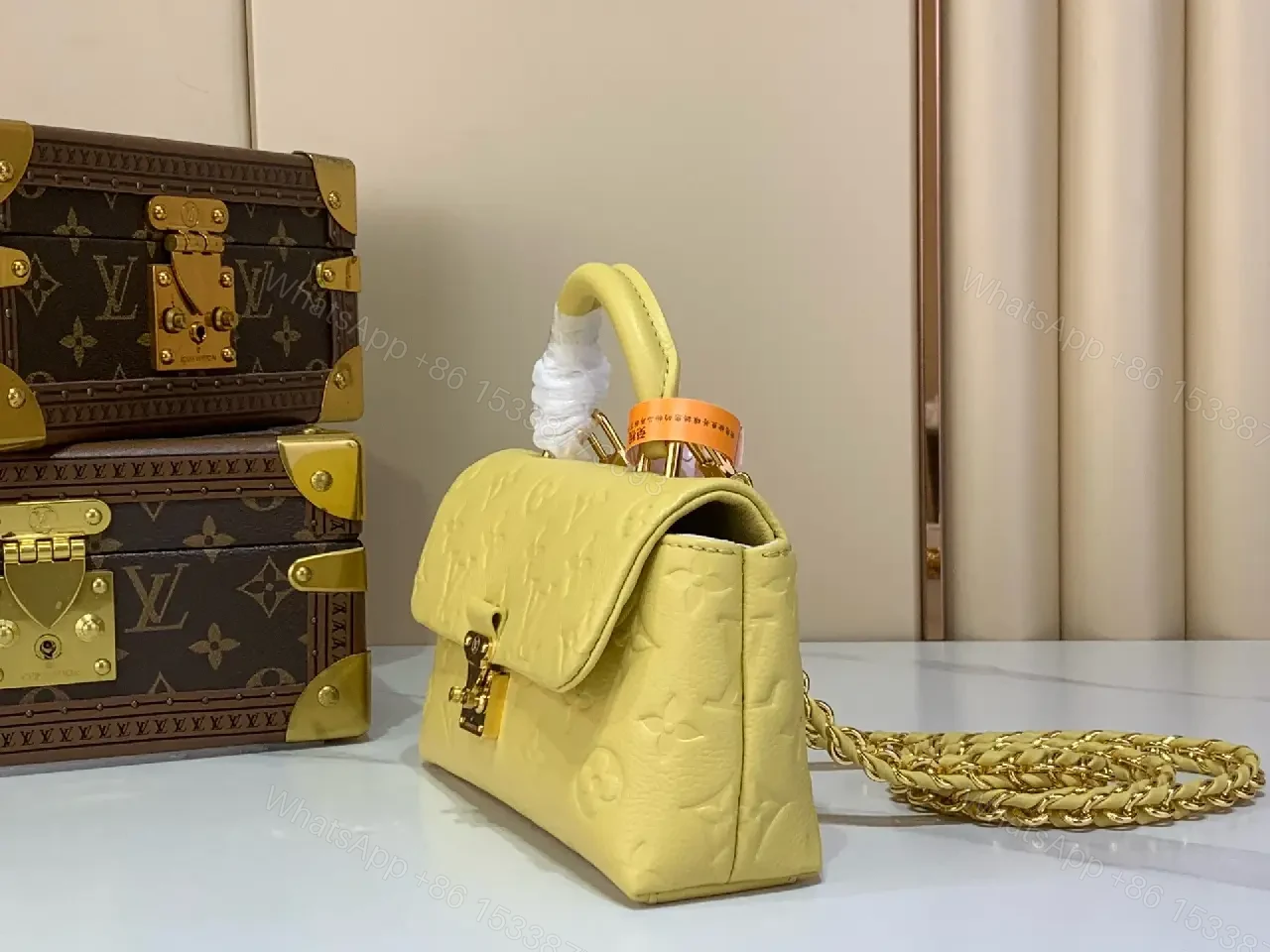View 4 of Pale Yellow Embossed Satchel: Lux Vintage Top-Handle Bag
